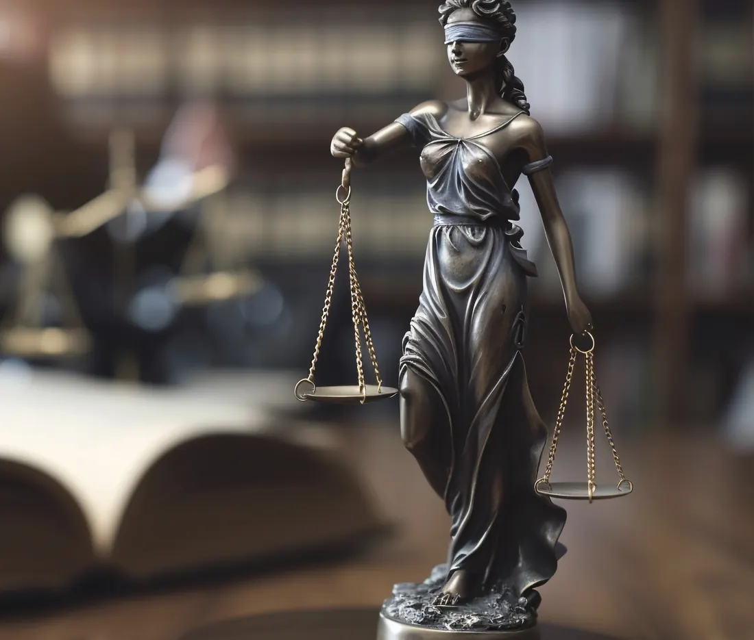 Estatua de la justicia con los ojos vendados y su balanza, sobre un escritorio frente a un libro abierto